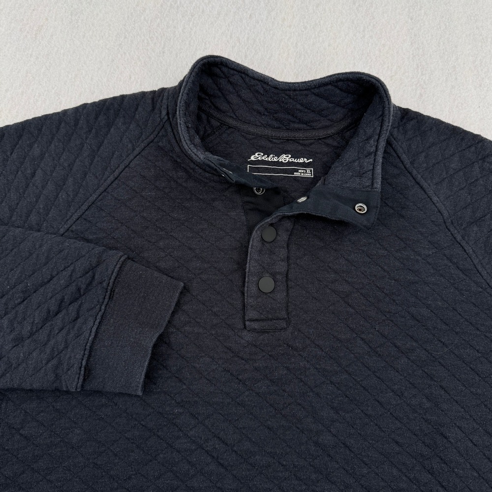 Eddie Bauer Mens XL Black Quilted 1/4 Snap Neck Sweatshirt Pullover Long Sleeve